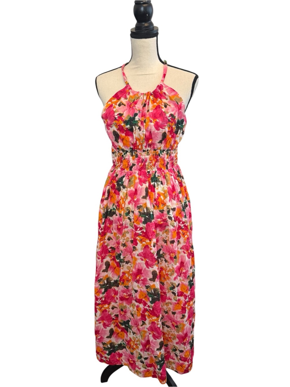J CREW Halter Adjustable Waist & Cross-Back Pink Cotton Floral Dress Women S